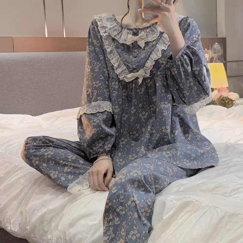 Women Long Sleeve Pajama Sets Floral Lace Princess Ruffles Sweet Sleepwear Spring Lounge O-neck Pyjamas Two Pieces Home Cute Ins alx