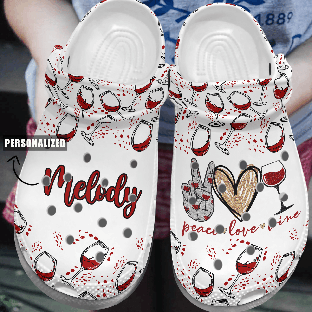 Peace Love Wine Personalized Clog, Custom Name, Text, Color, Number Fashion Style For Women, Men, Kid, Print 3D