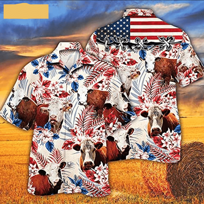 Of July Hereford Cow American Flag Floral Tropical Hawaii Shirt Ha8303