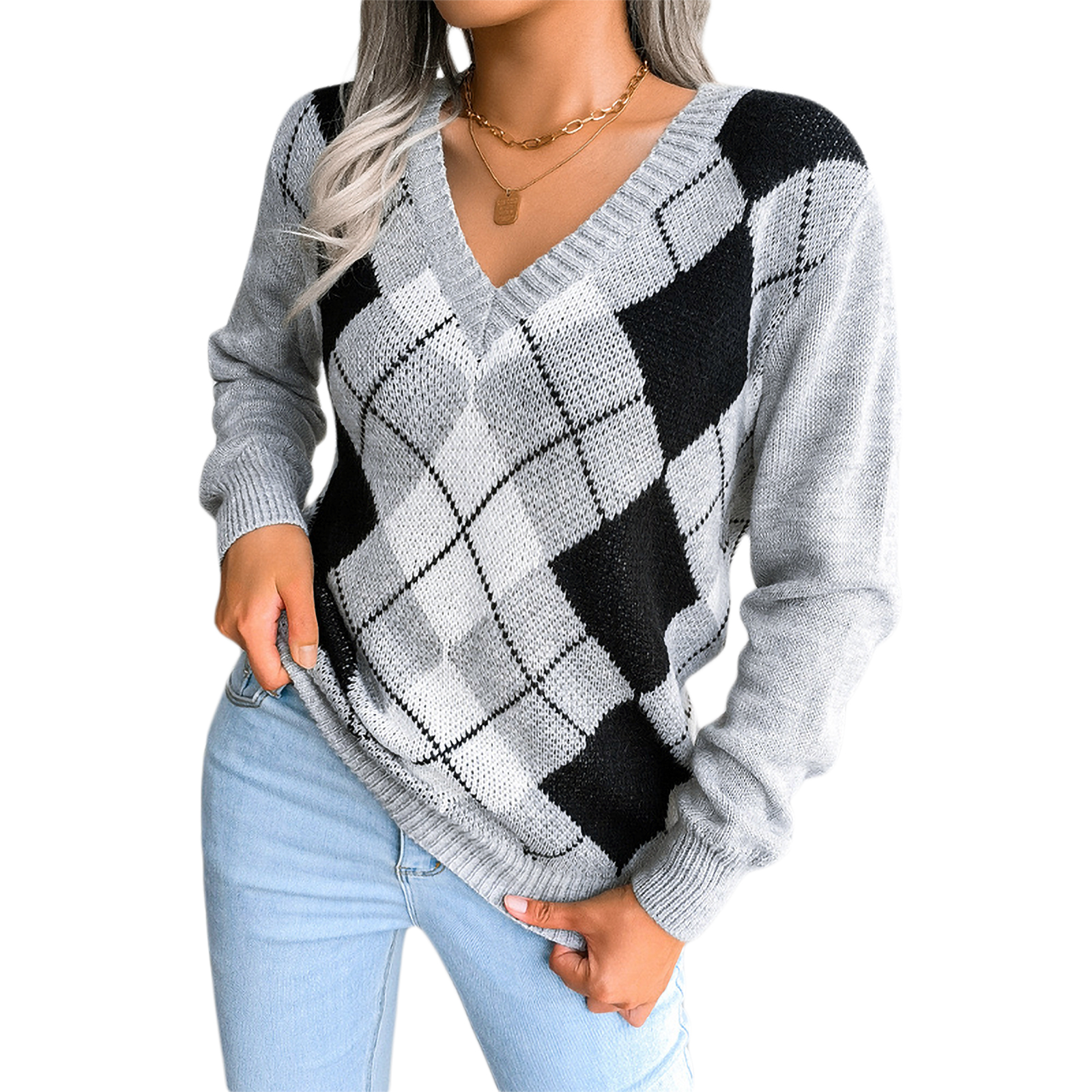 Women V Neck Knitted Sweaters 2022 Spring Fall Elegant Long Sleeve Argyle Print Loose Jumper Tops Pullovers S-L alx