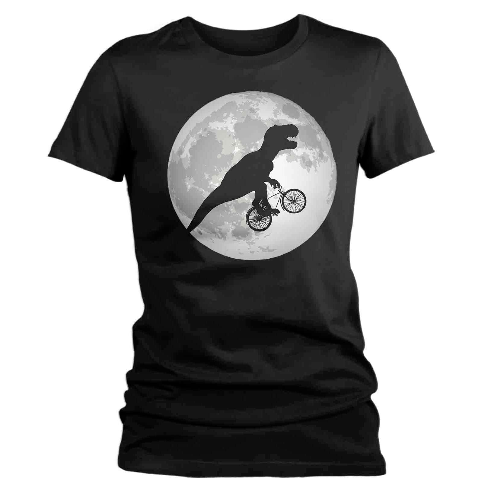 Women’S Funny T Rex Shirt Bicycle T Shirt Trex Riding Bike Over Moon Hipster Shirt Dinosaur Geek Gift Idea Ladies V-Neck Graphic Tee