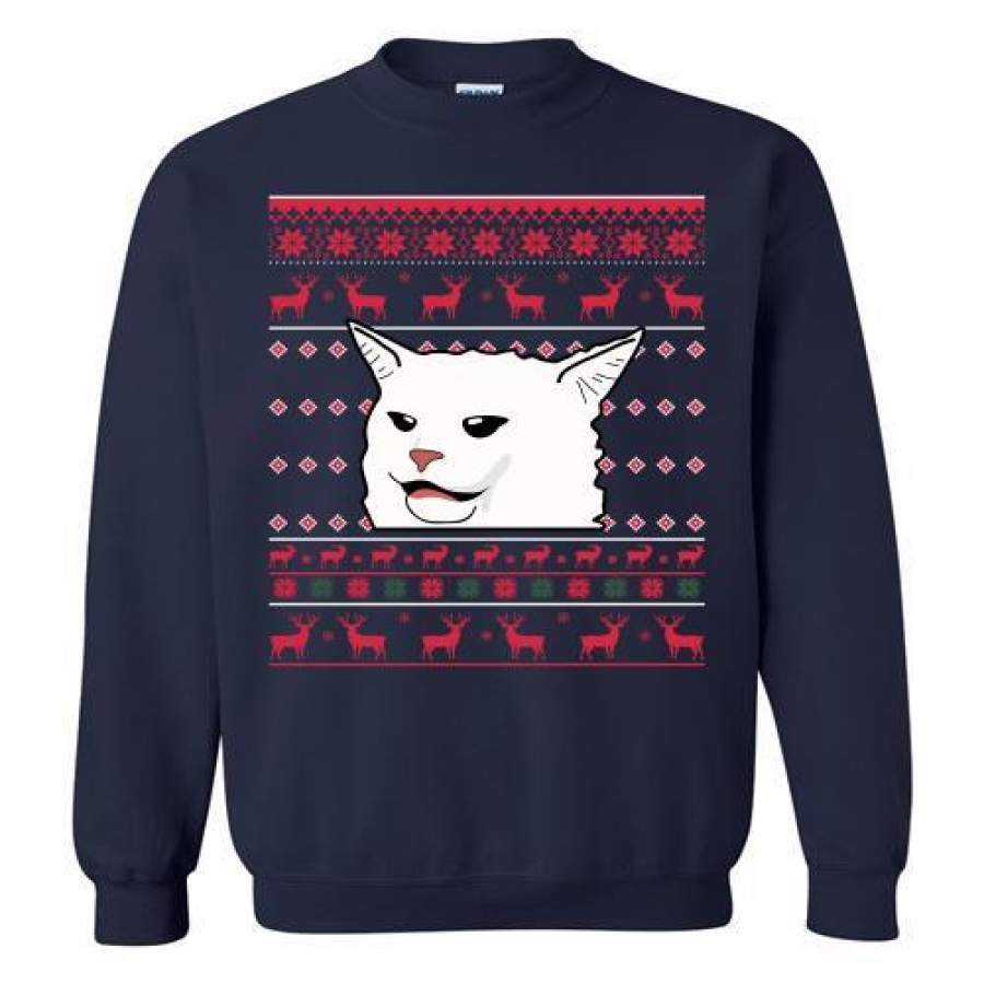 Cat Woman Yelling At Cat Ugly Christmas Sweatshirt