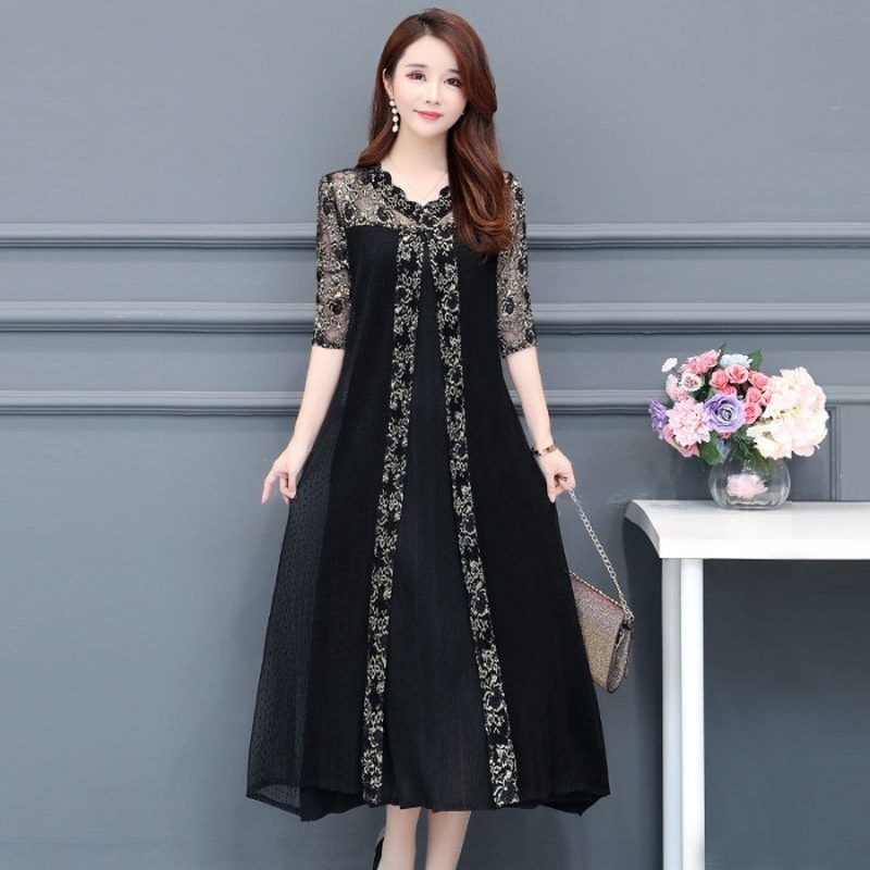 Women’s Long Dress women Summer Temperament Loose Five-point Sleeves Lace Print V-neck Dress Large Size black party dress alx