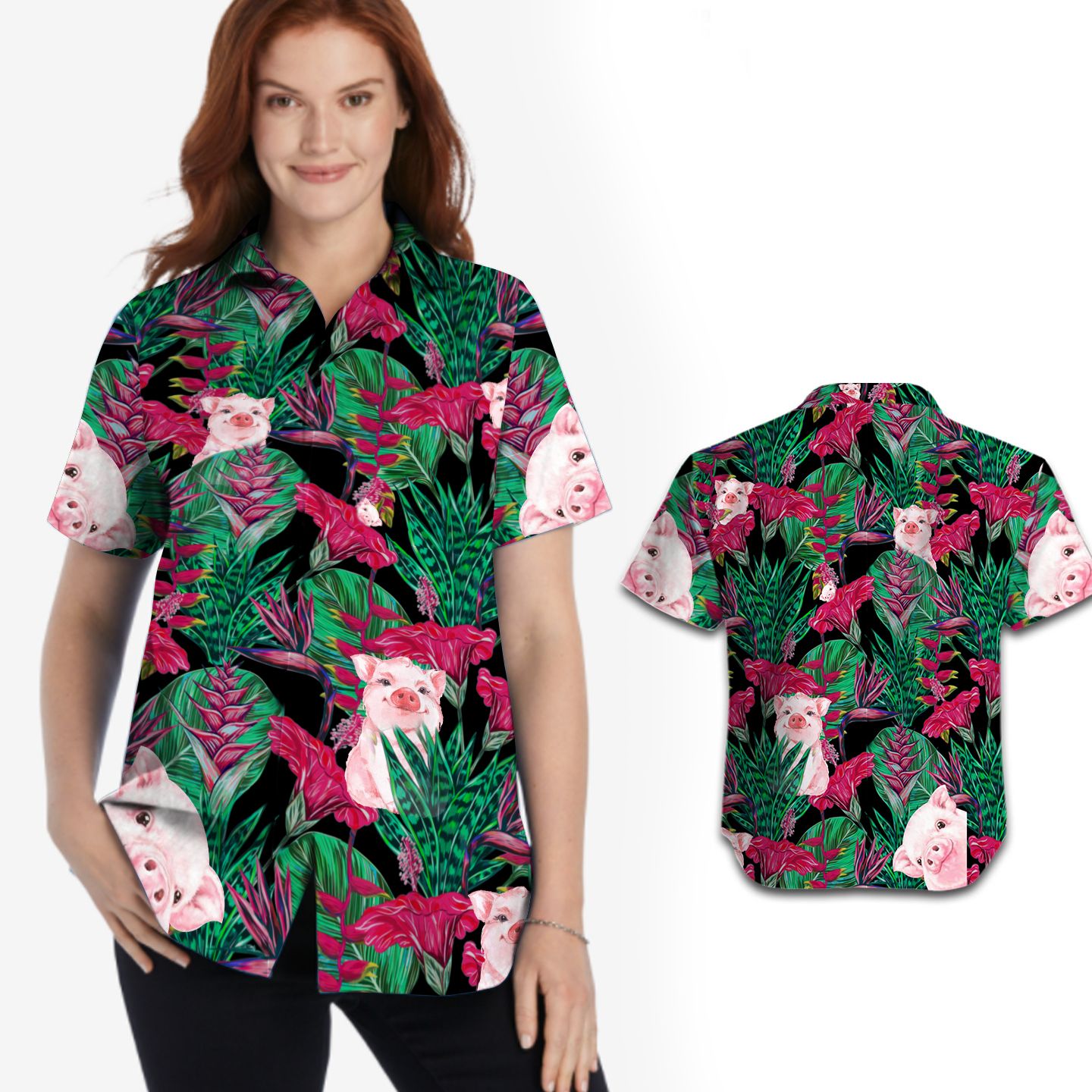 Lovely Pig Tropical Floral Women Hawaii Shirt For Lovers Ha54664