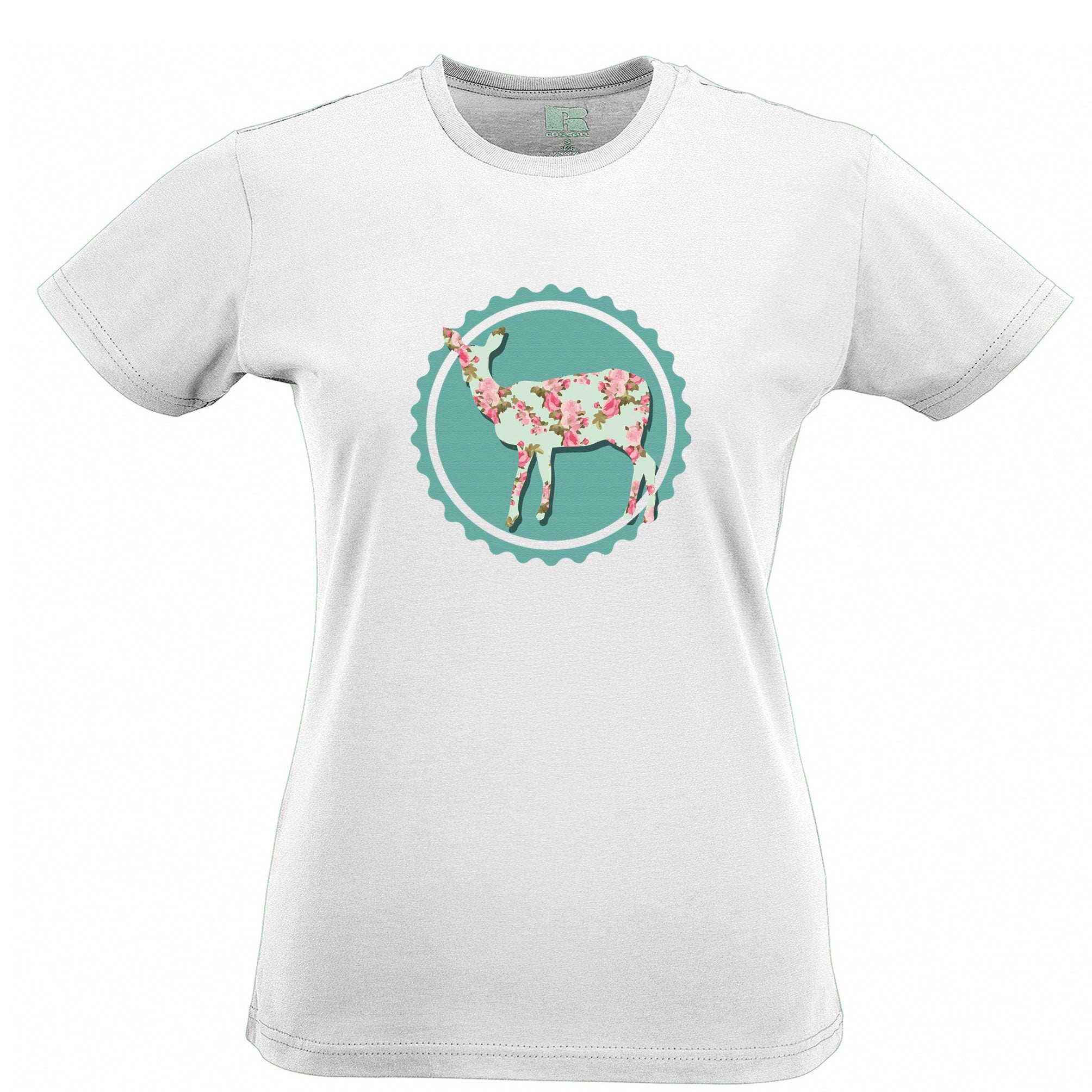 Vintage Logo Womens T Shirt Floral Patterned Deer Badge