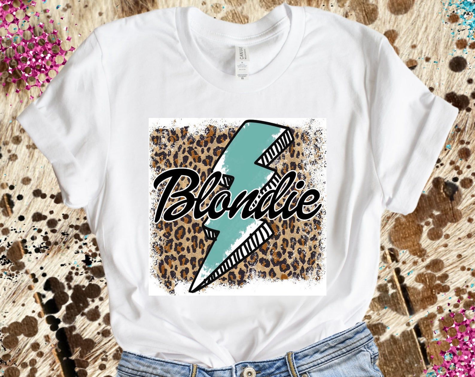 Blondie Cheetah Leopard Animal Turquoise Lightning Western T-Shirt Bella Canvas Unisex Short Sleeve Tee