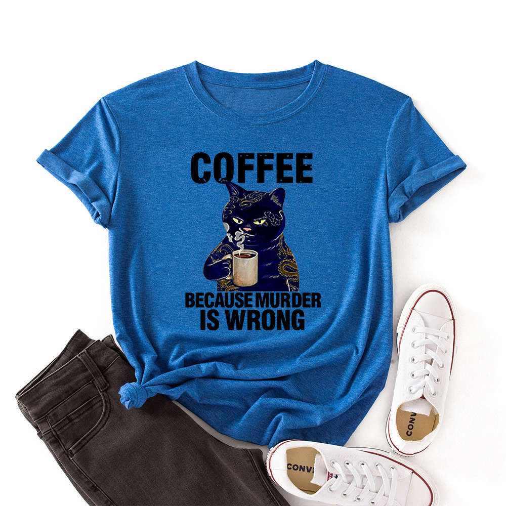 Coffee Cat Funny Print Colored Cotton T-shirt Women Casual Short Sleeve Tshirt Cute Animal Graphic Harajuku Tee Shirt alx