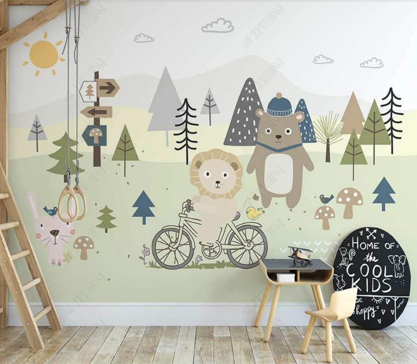 3D Cartoon Forest Animal Lion Bear Wall Mural Wallpaper Lqh 86