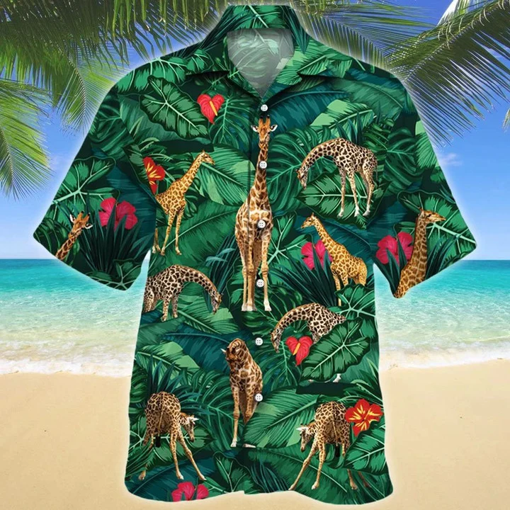 Amazing Green Leaves And Giraffe Lovers Gift Design Hawaii Shirt Ha1404