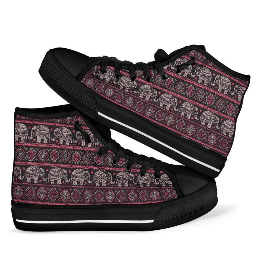 Red Elephant Aztec Pattern Print Men Women’s High Top Shoes