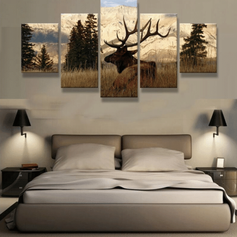 Rocky Mountain Bull Elk Animal 5 Panel Canvas Art Wall Decor-Cv