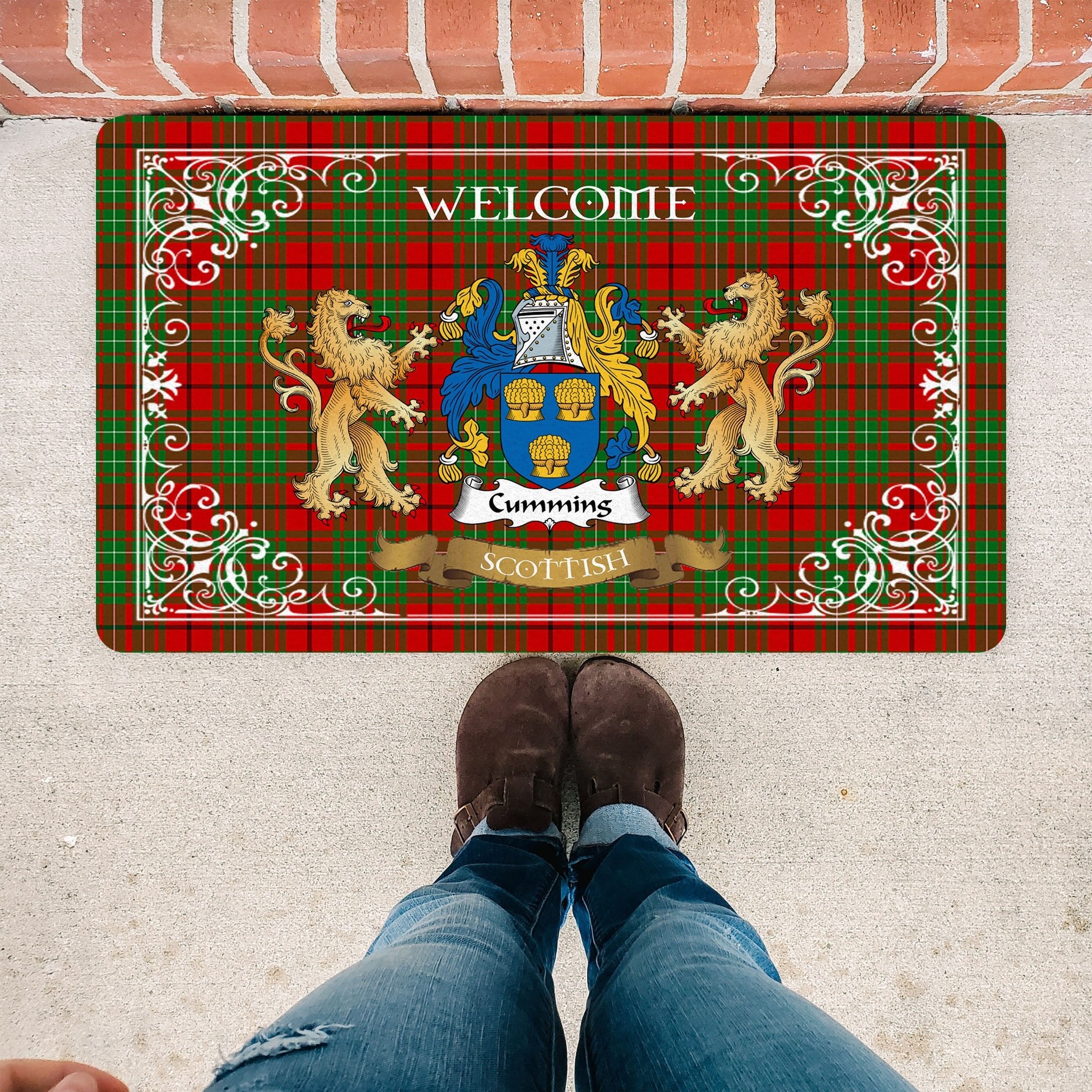 Scotstee Shop Tartan Door Mat The Family Cumming Modern Scottish Plaid Doormat, Welcome Mat, Christmas Door Mat