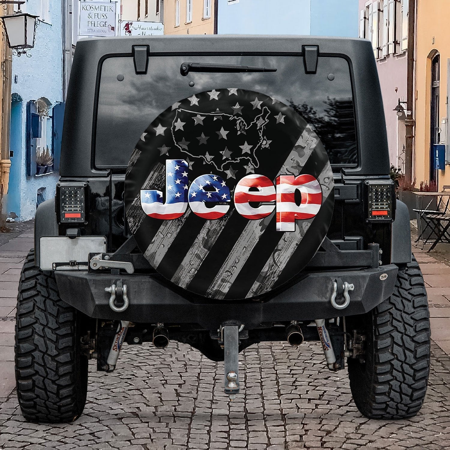Black & Grey American Flag Jeep Spare Tire Cover Lt11