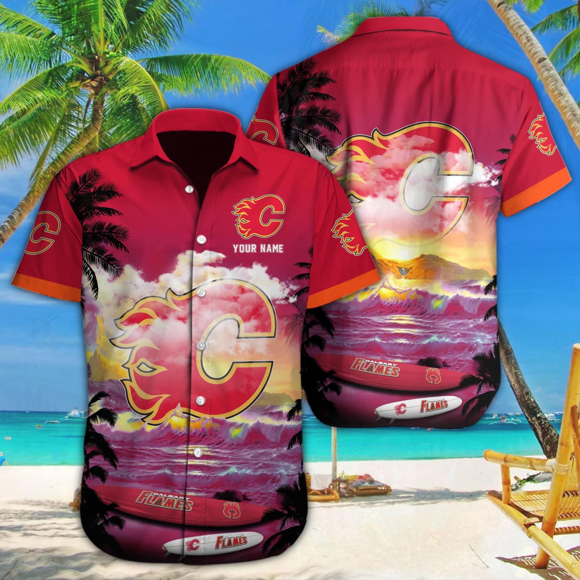 Celebrate Calgary Flames In Tropical Hawaiian Custom Outfit