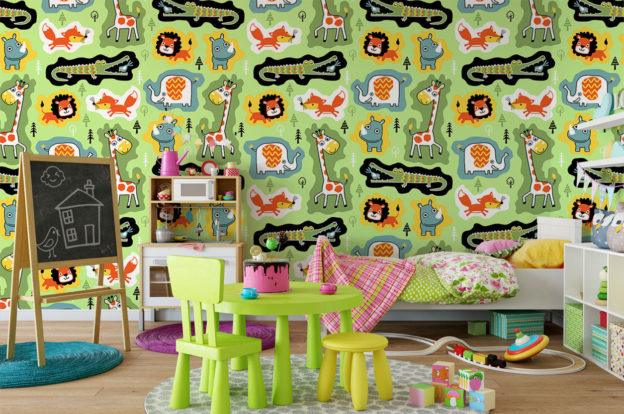 3D Cartoon Animal Green Wall Mural Wallpaper A176 Lqh