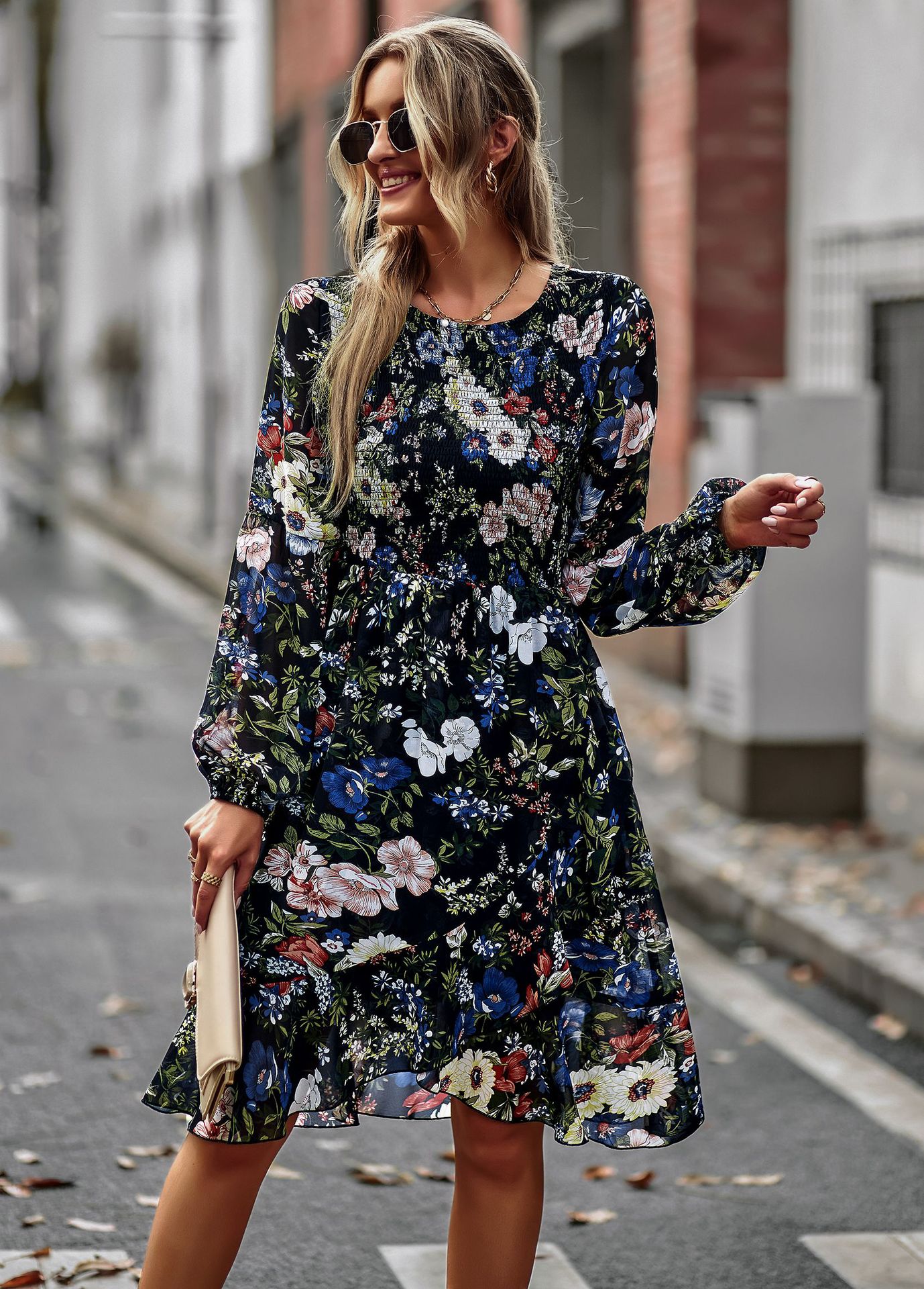 2022 Floral Print Lantern Sleeve A-line Fall Women Dress Casual O-neck Long Sleeve Split Midi Dress Women Holiday Party Dress alx