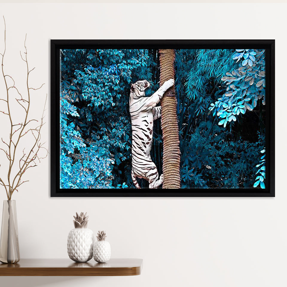 White Tiger Climbing Tree Framed Canvas Print – Canvas Painting, Canvas Art, Wall Art, Wall Decor