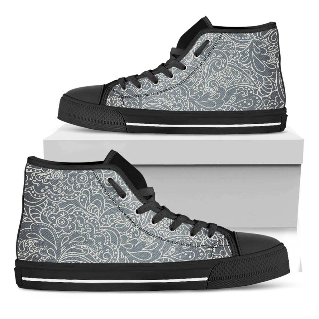 White And Grey Western Floral Print Black High Top Shoes