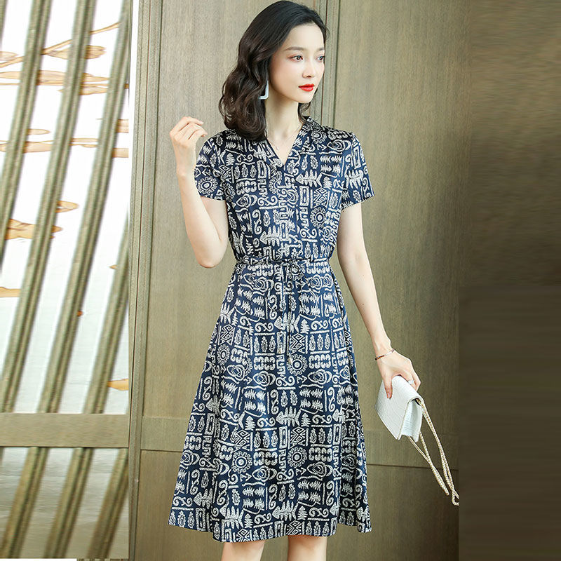 2021 New Vestidos Dress Women Vintage Print V-Neck Bandage Short Sleeve Office Lady Elegant Slim Feminine Clothes Oversize alx