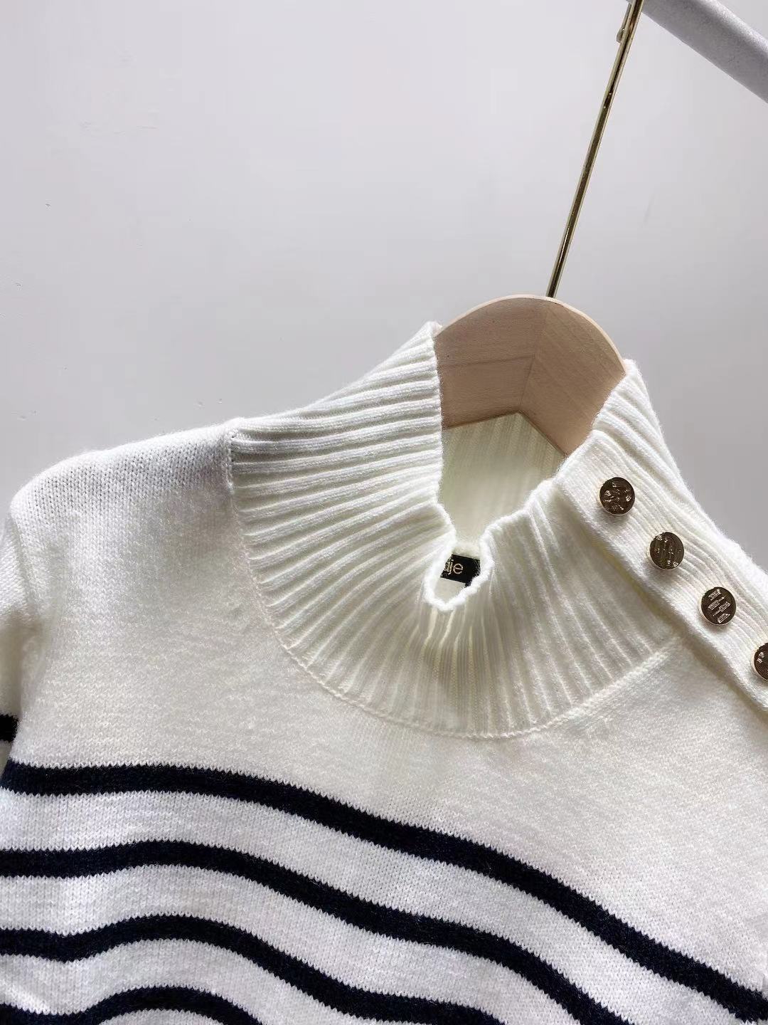 Women Sweater Pullover Mock Neck Striped Open Shoulder Button Slim Long Sleeve Knitted Casual Autumn New Top alx