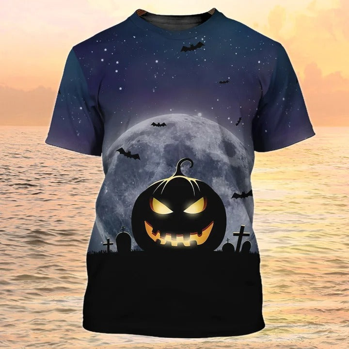 3D Sublimation Pumpkin Angry Halloween Shirt, Bat Flying Grave Night Halloween Tee Shirts