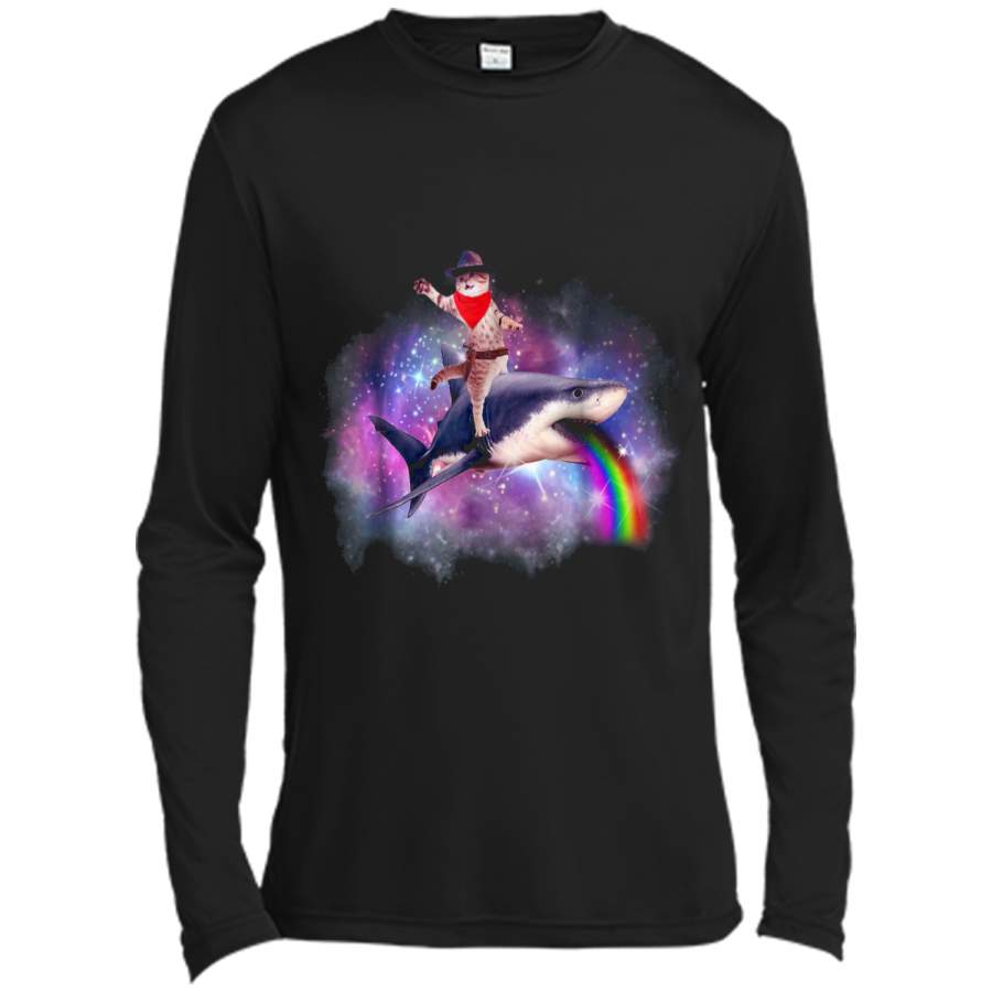 Cat Riding Shark  Space Galaxy Tee Long Sleeve Moisture Absorbing Shirt