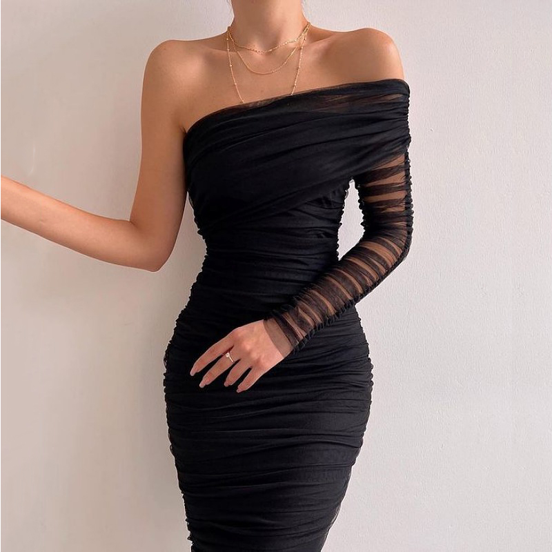 2022 Sexy Bodycon Mesh Folds Banquet Dress Elegant Diagonal Collar Off Shoulder Party Dress Women Pleated Midi Dresses Vestidos alx