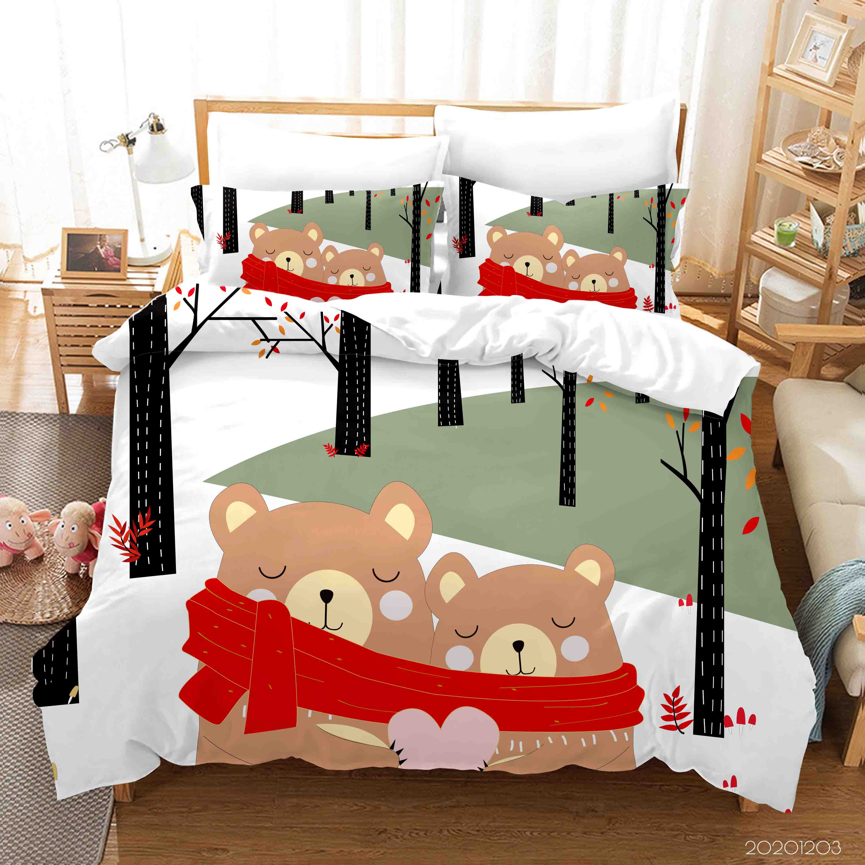 3D Cartoon Tree Plant Red Scarf Bear Animal Heart Quilt Cover Set Bedding Set Duvet Cover Pillowcases Lxl