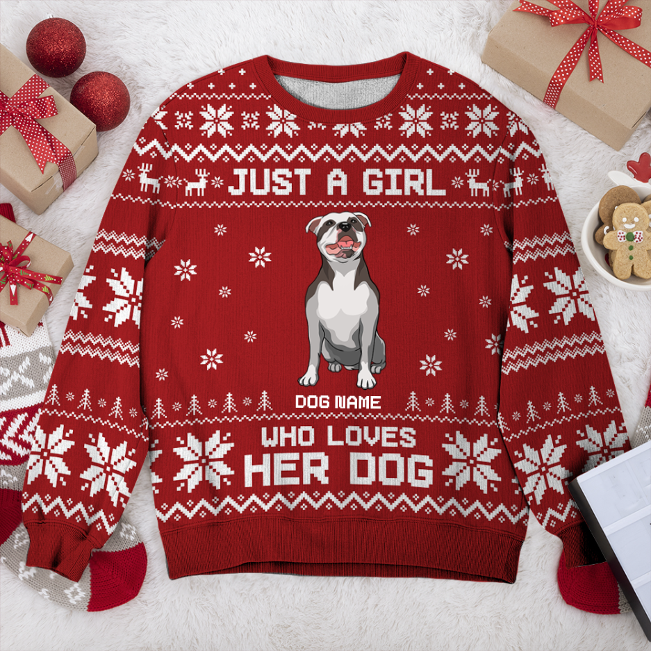 Staffordshire Bull Terrier Just A Girl Personalized Sweater, Dog Ugly Christmas Sweater