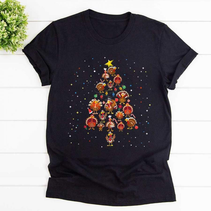 Turkey christmas tree candy cane ornament happy time black cotton t shirt for men and women S-6XL