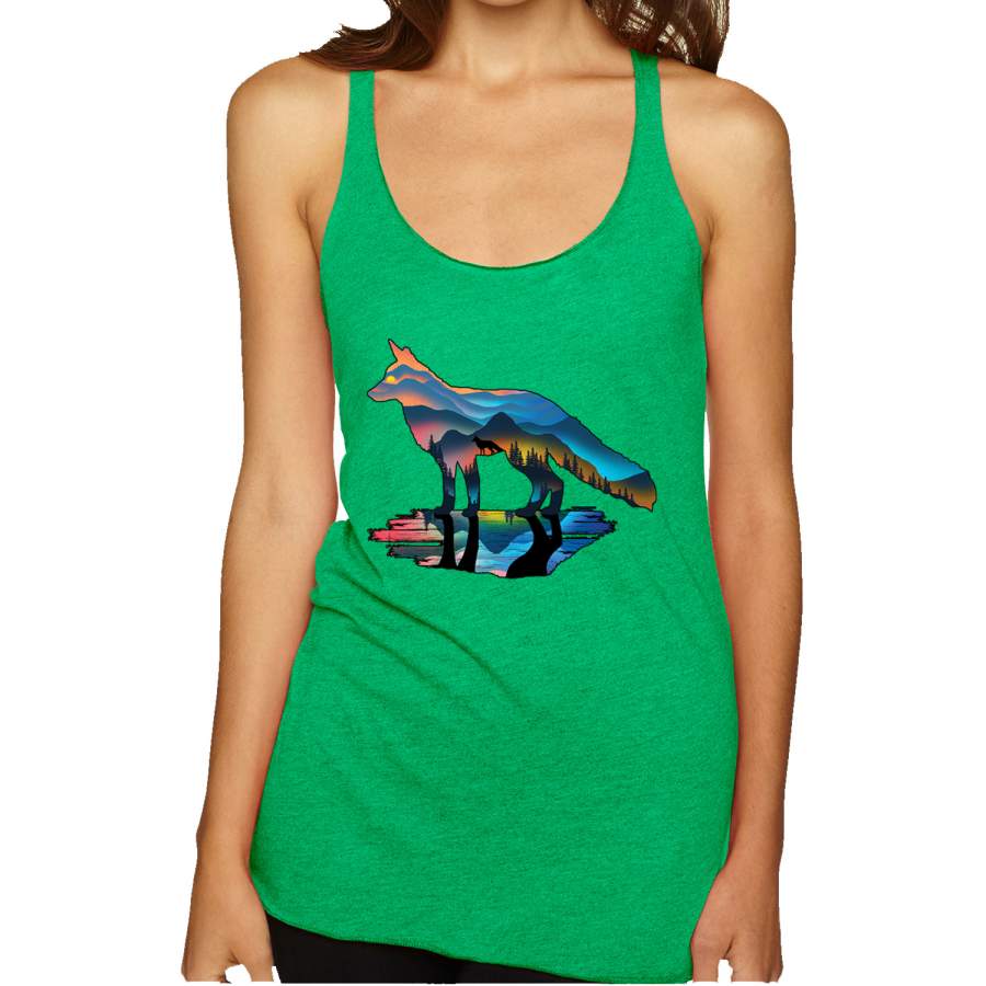 Trippy California Rainbow Neon Wolf Mountain Silhouette Animal Lover Tri-Blend Racerback Tank Top