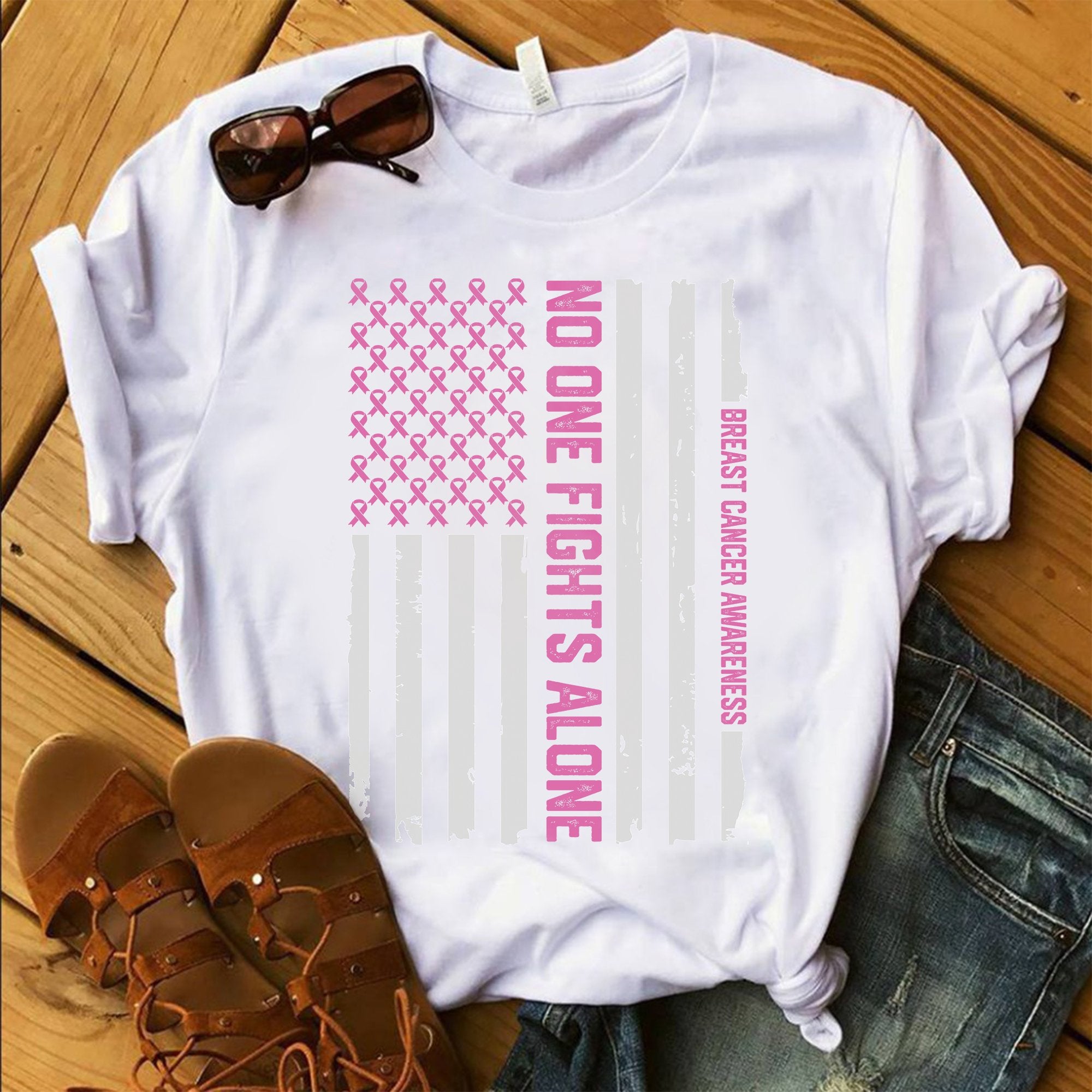 Breast Cancer Shirt No One Fights Alone T-Shirt