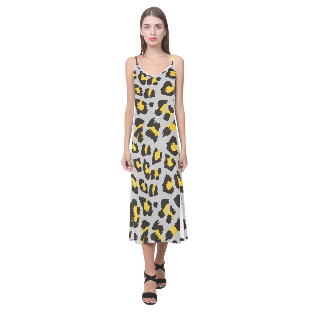 Gray Leopard print pattern V-Neck Open Fork Long Dress