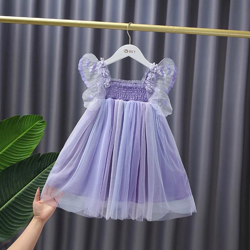 Summer Dresses for Baby Girls Infant Newborn 1 Year Kids’ Birthday Childhood Princess Baptism Yarn Skirt Bow Wings Cotton 7-12m alx