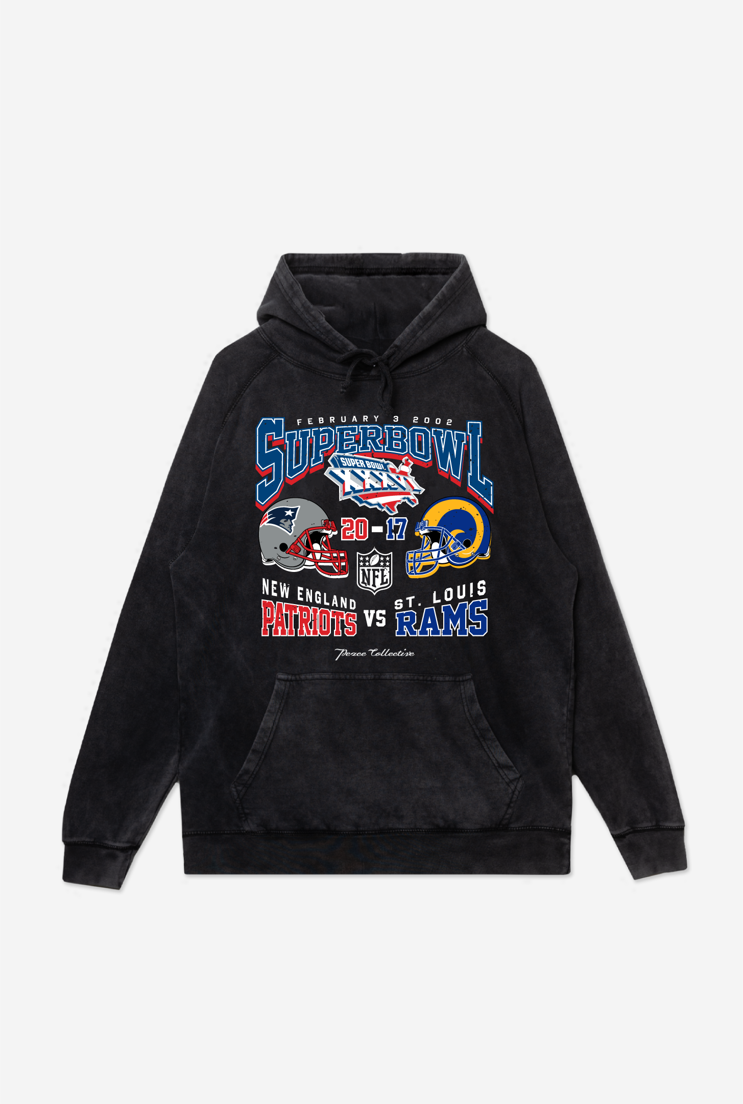 Super Bowl Xxxvi: New England Patriots Vs. St. Louis Rams Stonewashed Hoodie – Black