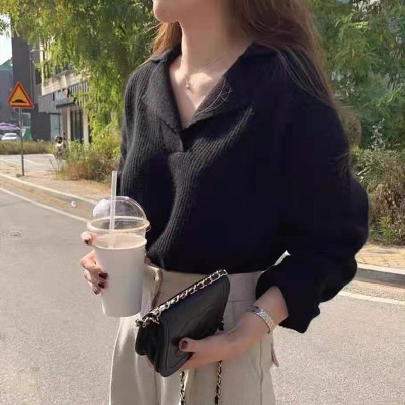 South Korea’s new female sweater autumn half-open V-lapel pullover Korean version of long-sleeved wearing loose sweater alx