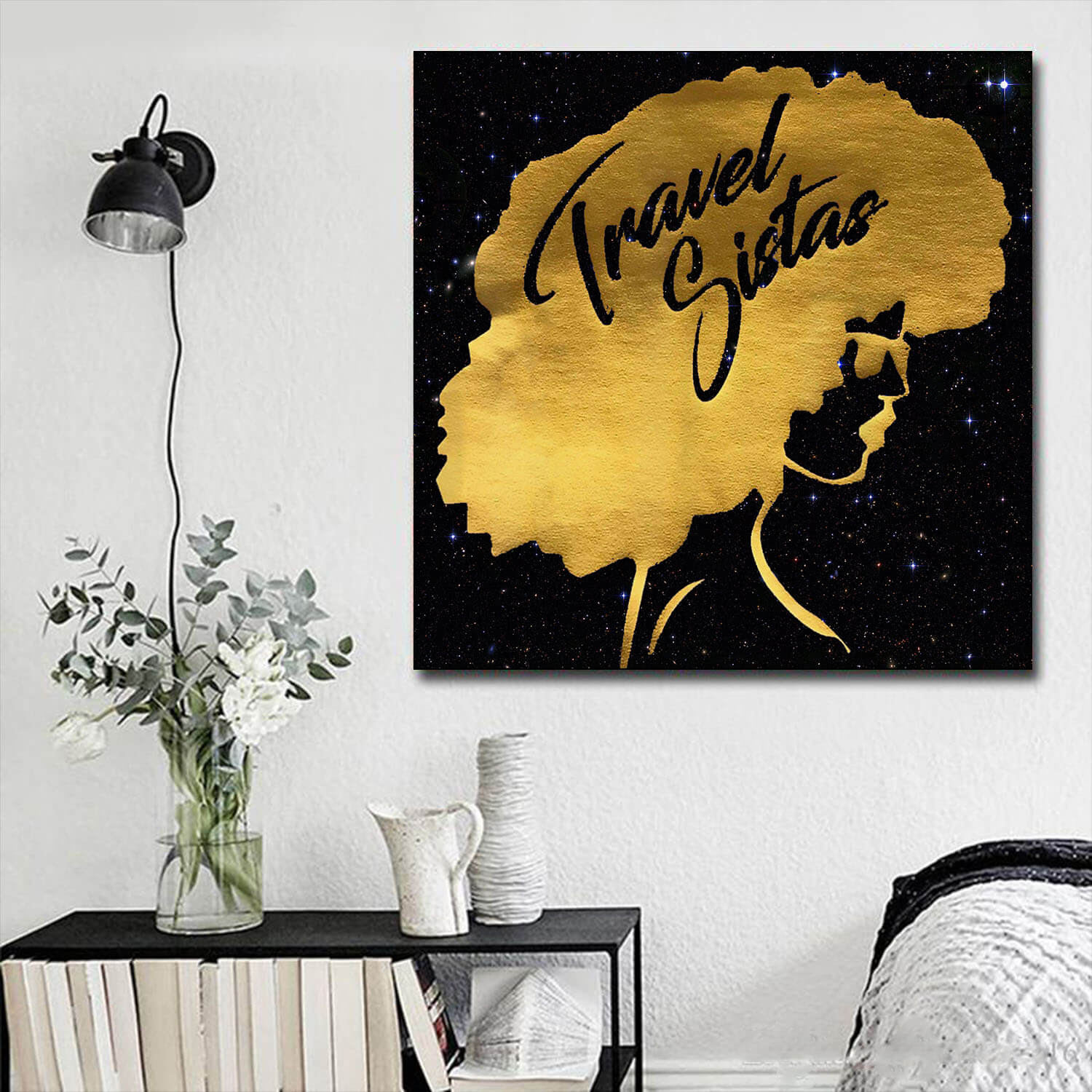 African American Art On Canvas Black Girls Travel Sistas Gold African Themed Living Rooms WBG1980