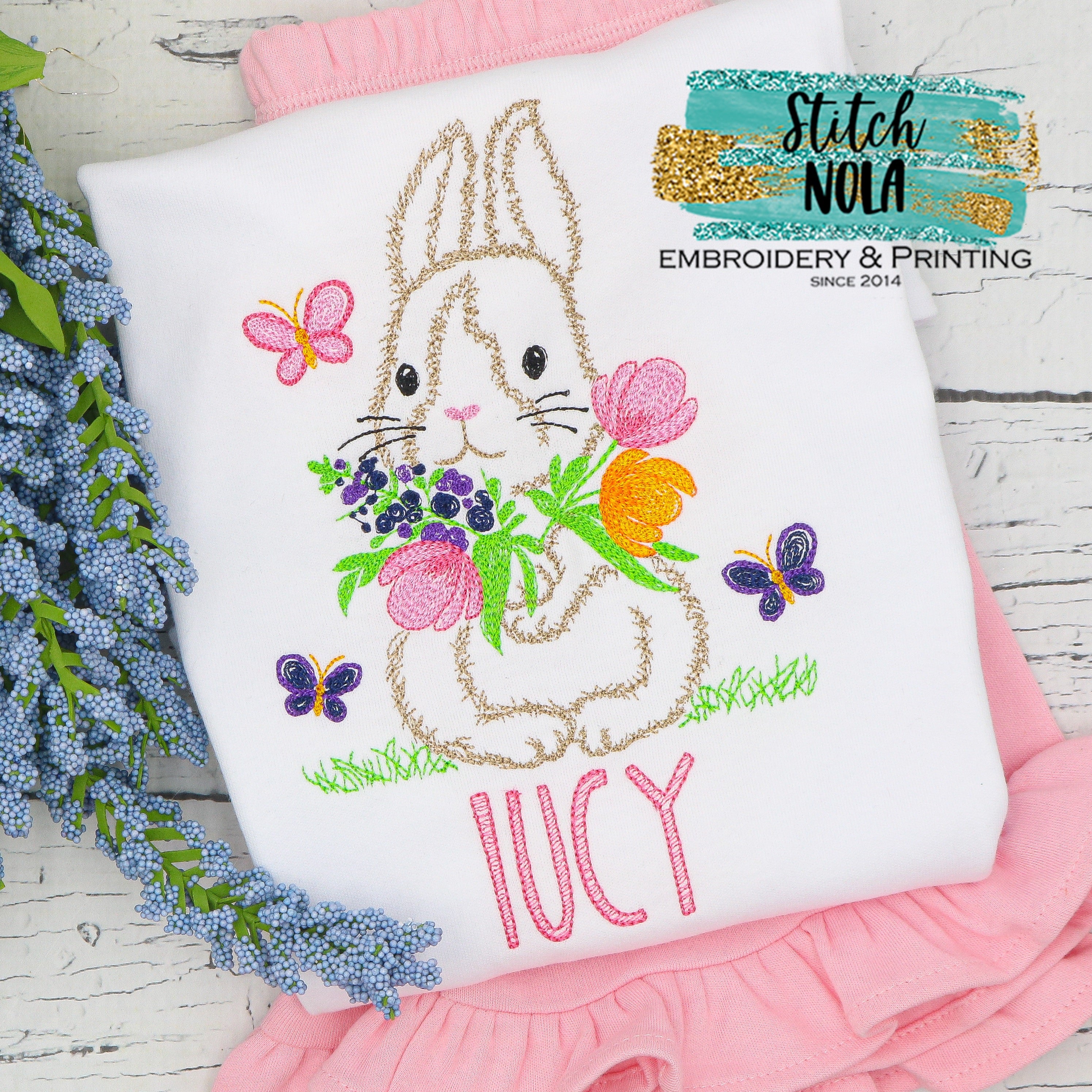 Personalized Easter Bunny With Flowers & Butterflies Sketch Shirt