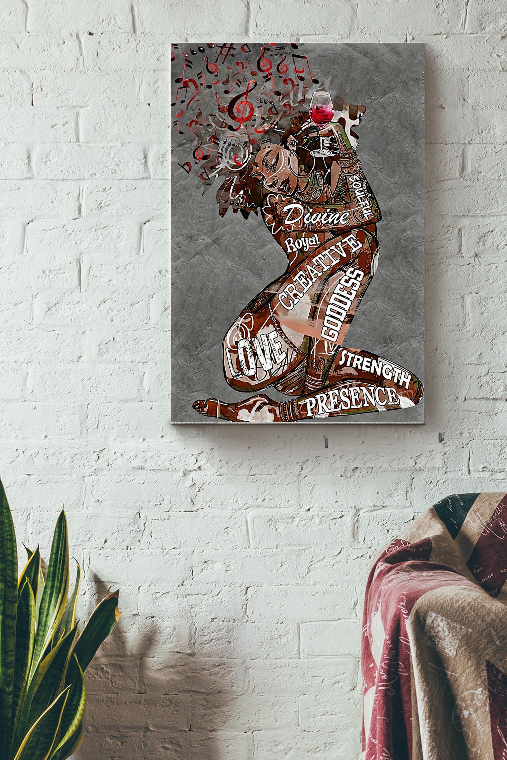 Black Women With Red Wine And Loves Music Poster – Decor Wall Art – Gift For Black Girl Black Women Womens Day Black People Wrapped Canvas