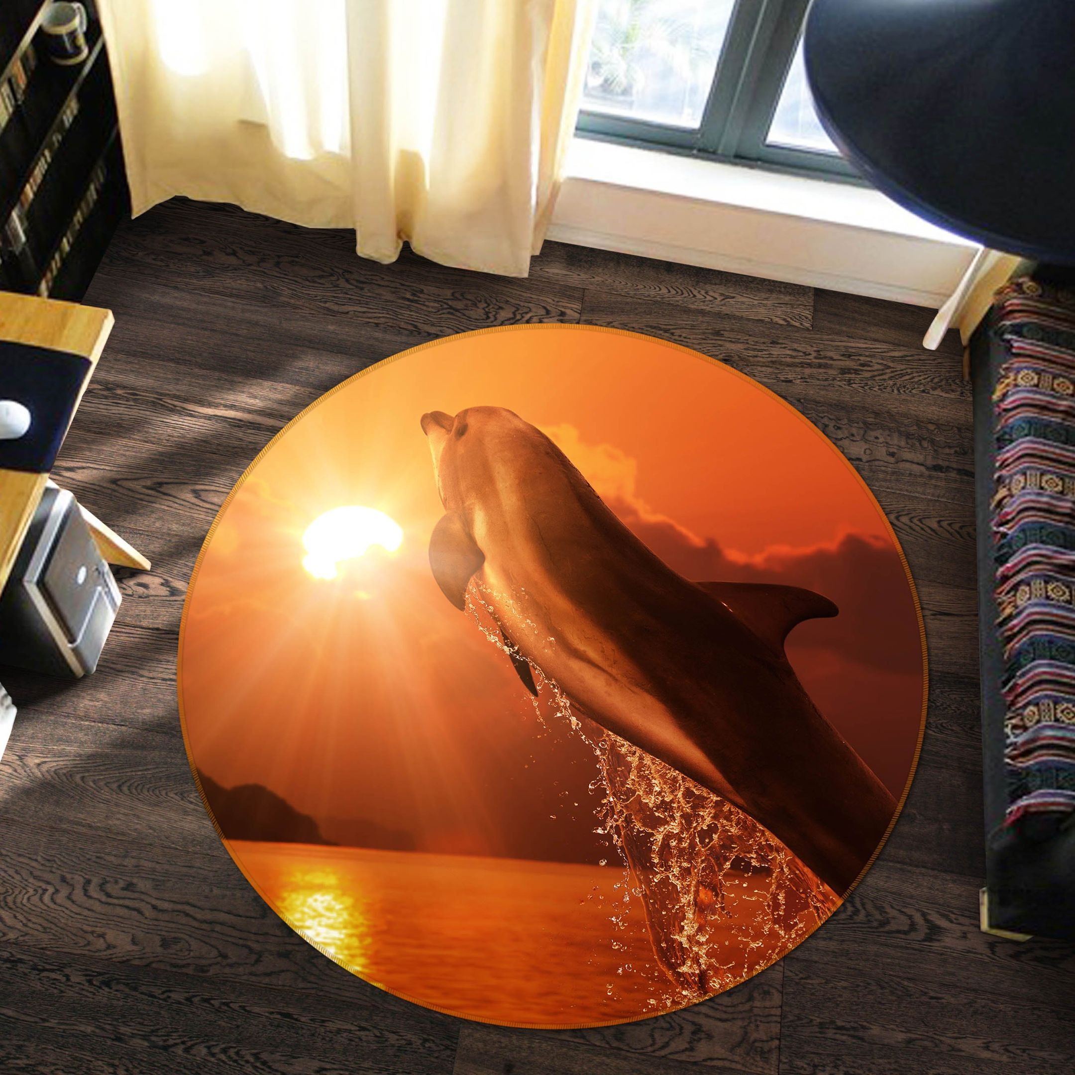 3D Sunset Dolphin Jump Round Rug – Round Carpet Home Decor