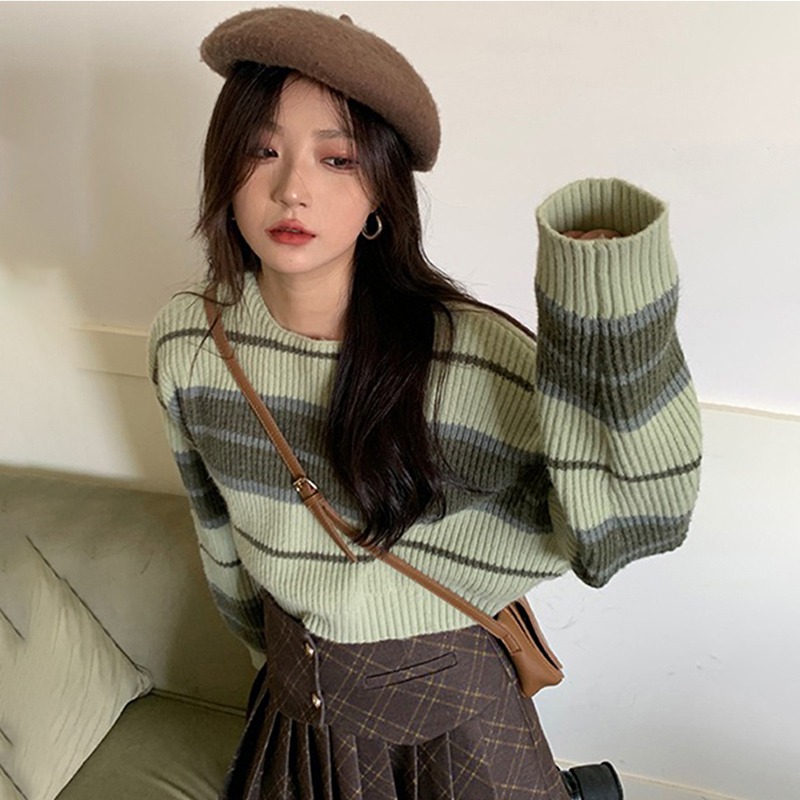 Y2K Autumn Long Sleeve Pink Cropped Sweater Women Striped Jumper Vintage Female Crewneck Pullovers Tops Korean Style alx