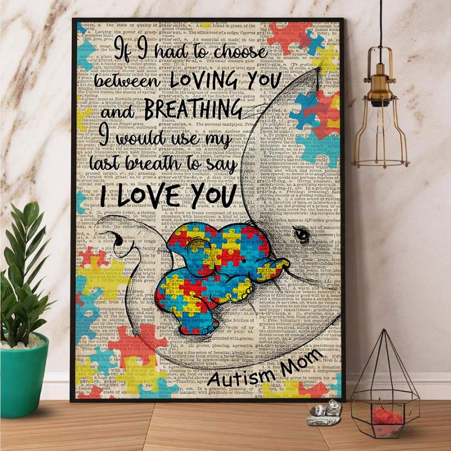 Autism awareness elephant mom I love you paper poster no frame/ wrapped canvas wall decor full size