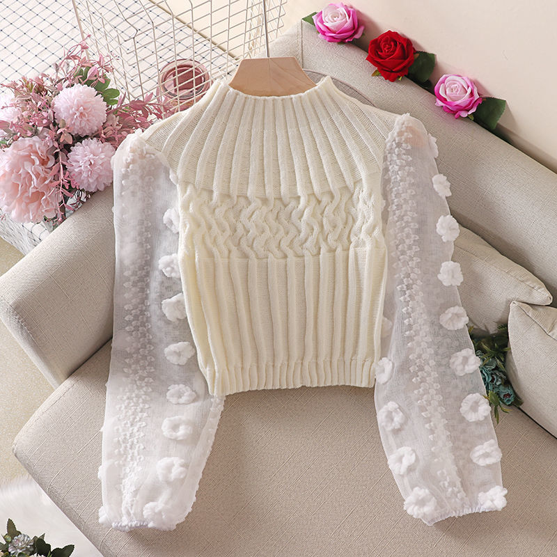 2022Super Fairy Bubble Sleeve Mesh Stitching Crew Neck Tight Slim Short Women’s Sweater T-shirt alx