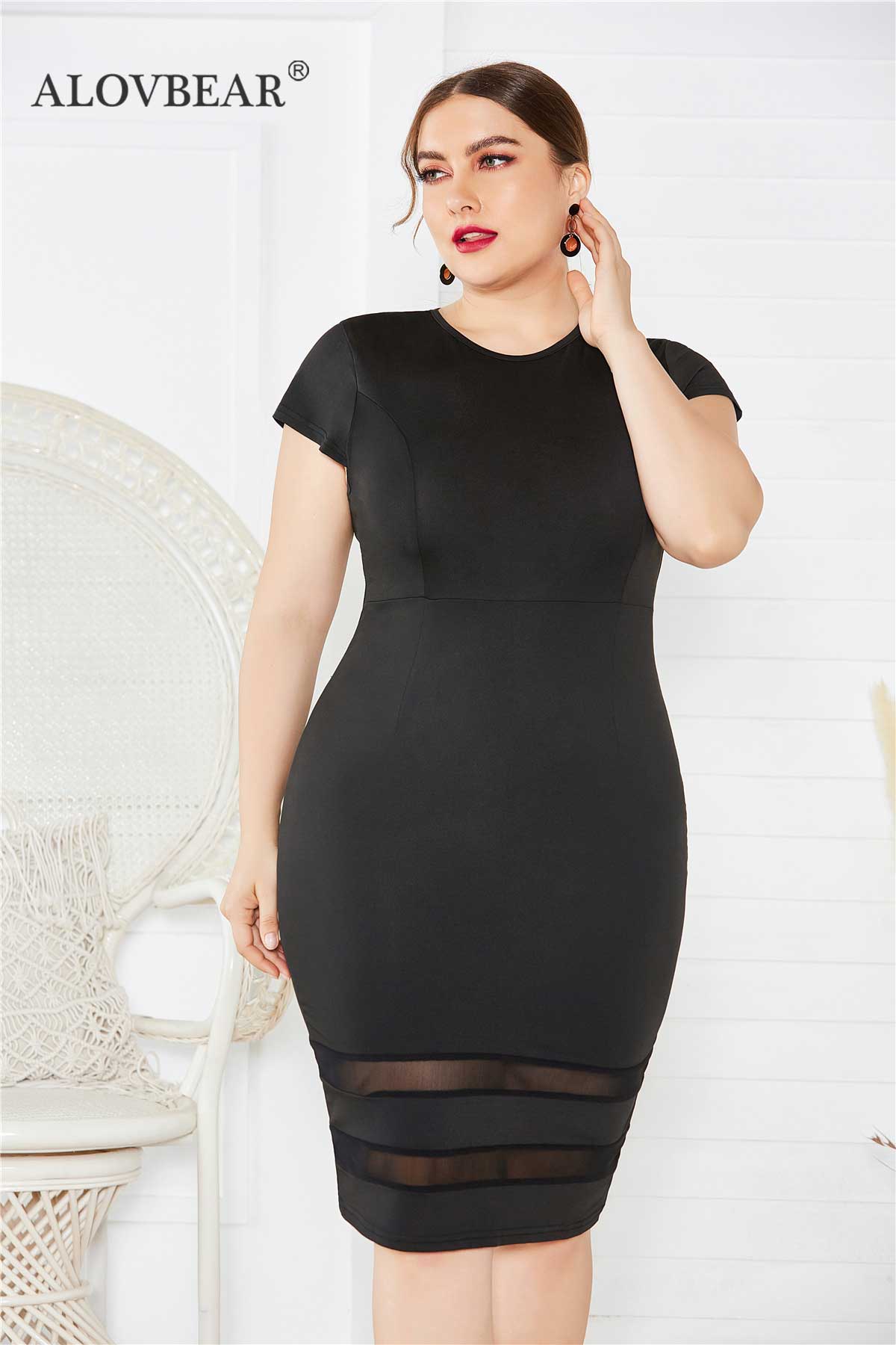 2022 Women Slim Skinny Dress O-neck High-Waist Plus Size Midi Dress XL-5XL Elegant Lady Evening Dress Female Clothing OL Dress alx