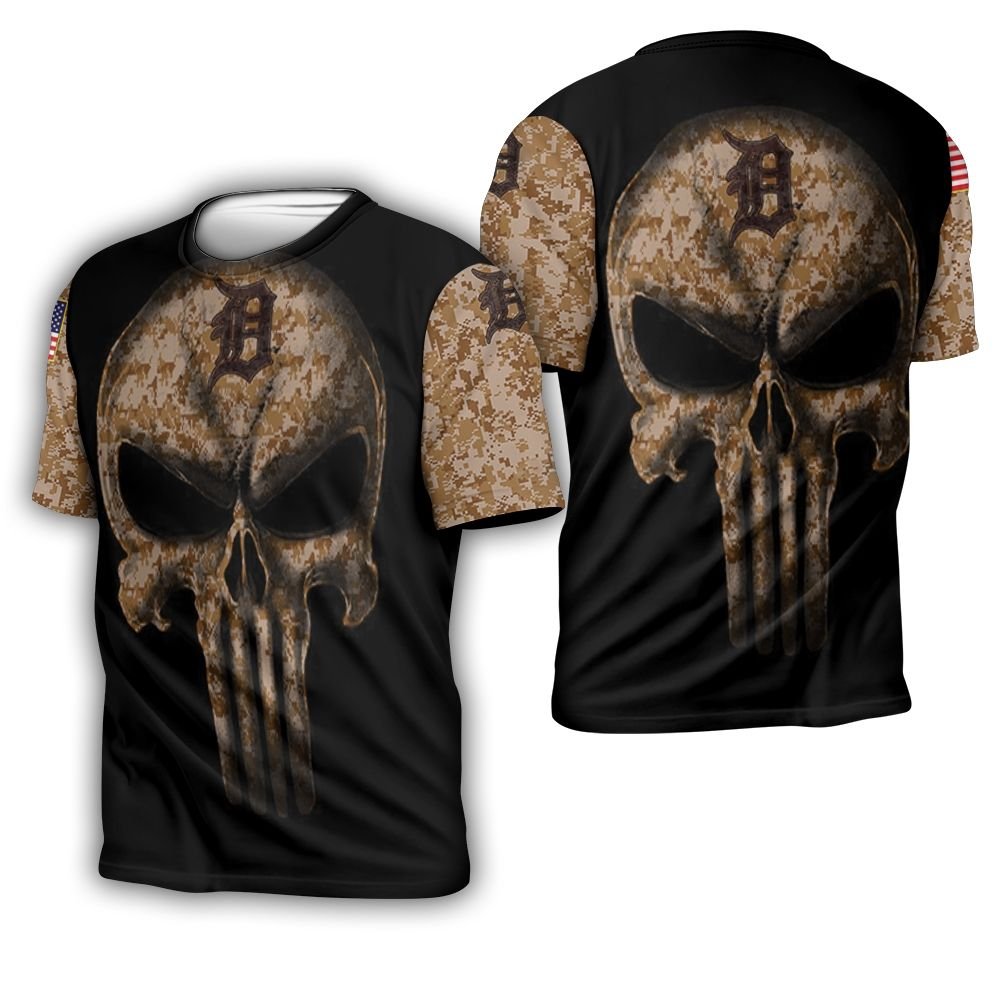 Camouflage Skull Detroit Tigers American Flag 3D T-Shirt