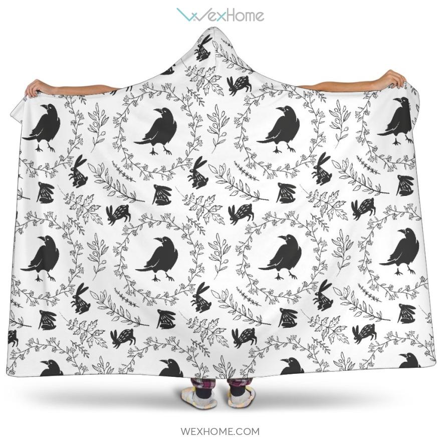 Crows Floral Wreath Rabbit Pattern Hooded Blanket