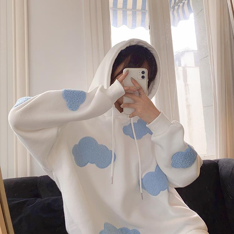 With Hat Hoodies Women Harajuku 3D Cloud Printed Aesthetic Thicker Teens Top Korean Leisure Designer Streetwear Loose Chic Ins alx