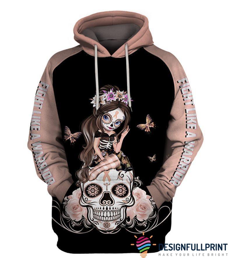 Skull Gift Fight Like A Warrior™ Peach Uterine Cancer Sugar Skull Girl Awareness Hoodie