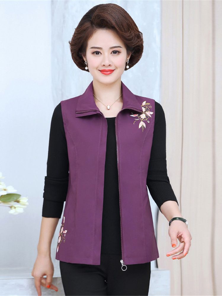 Spring Autumn Korean Fashion Vest Middle Aged Women Casual Floral Embroidery Zipper Sleeveless Coat Waistcoat Basic Jacktes alx