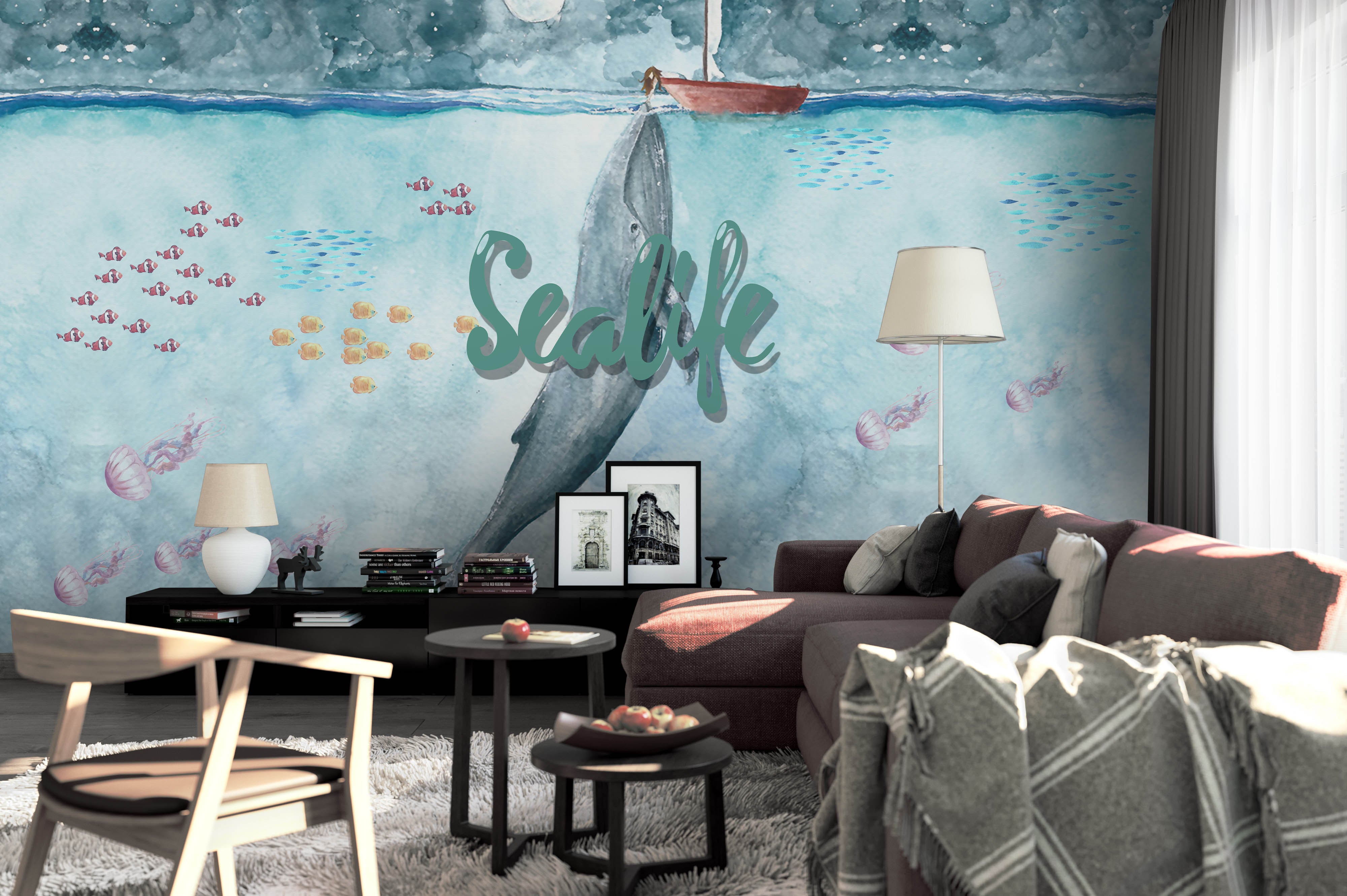 3D Shark Jellyfish Ferry Fish Wall Mural Wallpaper 35